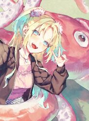  1girl :d absurdres amusement_park black_jacket blonde_hair blue_eyes blue_hair commentary curtained_hair fang flower gradient_hair hair_flower hair_intakes hair_ornament highres jacket long_hair long_sleeves looking_at_viewer love_live! love_live!_hasu_no_sora_jogakuin_school_idol_club mitsuki_(micky_m1212) multicolored_hair open_clothes open_jacket open_mouth osawa_rurino osawa_rurino_(summer_casual) parted_bangs pink_flower pink_sweater selfie smile solo spinning_teacup sweater tongue twintails v virtual_youtuber 