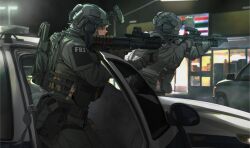  1boy 1other 7-eleven aiming ammunition ammunition_pouch ar-15 assault_rifle backpack bag black_gloves bulletproof_vest bullpup car closed_mouth combat_helmet convenience_store cowboy_shot cropped dark_skin eotech fbi from_side glock gloves goggles grey_jacket grey_pants gun handgun headset helmet highres holding holding_weapon holster jacket kel-tec_ksg lamppost male_focus maxturbo69 military motor_vehicle night night_vision_device non-web_source original pants pouch pump_action rifle scope shop shotgun shotgun_shell solo_focus supermarket tactical_clothes tactical_gloves weapon white_hair 