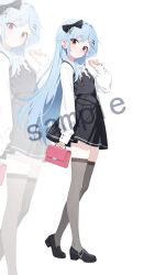  1girl absurdres bag black_bow black_dress black_shoes blue_hair blush bow bowtie breasts closed_mouth cross_hair_ornament dress full_body grey_thighhighs hair_bow hair_ornament hairclip half_updo hand_up handbag highres holding holding_bag loafers long_hair long_sleeves looking_at_viewer mole mole_under_eye original parallel_hairclips pinafore_dress recri_(mihuashi) red_eyes sample_watermark shirt shoes simple_background skindentation sleeveless sleeveless_dress small_breasts smile solo tachi-e thigh-highs very_long_hair watermark white_background white_bow white_bowtie white_shirt zettai_ryouiki zoom_layer 