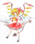  acrylic_paint_(medium) blonde_hair bow cosplay detached_sleeves flandre_scarlet graphite_(medium) hair_bow hakurei_reimu hakurei_reimu_(cosplay) laevatein mucco ponytail red_eyes short_hair side_ponytail solo touhou traditional_media watercolor_(medium) wings 