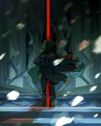  1boy ahoge black_boots black_jacket black_pants blood blood_on_ground blue_gem blue_scarf boots cape collared_jacket door facing_away floating_cape floating_clothes from_behind full_body gem genshin_impact grey_hair hand_up high_collar highres jacket long_sleeves male_focus mitya_(genshin_impact) opening_door outdoors pants purple_cape ra_suya scarf shadow short_hair snowing solo stairs standing tassel wavy_hair wind winter 