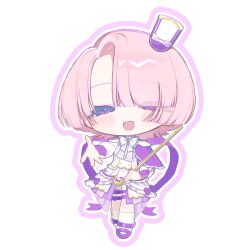  1girl :d arimura_mao ben-day_dots blush bow bowtie brooch cane capelet chibi chibi_only commentary_request curtained_hair dot_nose epaulettes eyes_visible_through_hair full_body gakuen_idolmaster gem hair_over_one_eye half-closed_eyes hat hat_bow highres holding holding_cane idolmaster jewelry layered_skirt long_sleeves looking_at_viewer mini_hat mini_shako_cap multicolored_skirt offering_hand open_mouth outline parted_bangs pink_hair purple_bow purple_capelet purple_gem purple_hat purple_outline purple_ribbon purple_shoes purple_skirt ribbon screentones shako_cap shirt shoes short_hair side_capelet simple_background skirt skirt_bow smile socks solo standing thigh_bow thigh_strap tilted_headwear violet_eyes white_background white_bow white_bowtie white_shirt white_skirt white_socks yuusuke_(yyy_xp) 