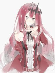  1girl absurdres baobhan_sith_(fate) baobhan_sith_(first_ascension)_(fate) breasts commentary_request detached_sleeves dress earrings fate/grand_order fate_(series) grey_eyes hair_ornament hand_up highres jewelry kuroe_mio looking_at_viewer pink_hair pointy_ears red_dress sidelocks solo 