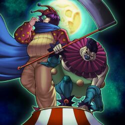  2boys blue_cape blue_lips cape clown clown_makeup clown_nose crass_clown dream_clown duel_monster grin hat highres holding holding_scythe jester_cap moltengates moon multiple_boys neck_ruff pants pedestal phrygian_cap pom_pom_(clothes) puffy_sleeves purple_hair purple_hat red_hat scythe skull smile squatting standing star_(sky) star_(symbol) star_print string_lights teeth yu-gi-oh! 