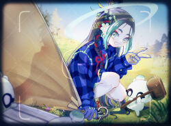 1boy absurdres aqua_eyes aqua_hair black_hair blue_eyes blue_jacket braid camping commentary_request con_(fate) crossover day fate/grand_order fate_(series) flower gloves grass grin hair_flower hair_ornament hair_ribbon halo highres holding jacket long_hair long_sleeves looking_at_viewer male_focus multicolored_hair nao_oppaisukiii outdoors plaid_clothes ribbon smile solo squatting streaked_hair taisui_xingjun_(fate) taisui_xingjun_(over_the_same_sky)_(fate) tent v viewfinder 