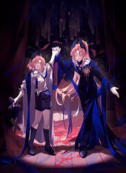  2boys absurdres aged_down arknights black_pants black_shoes black_shorts black_socks blood blue_cape blue_shawl braid cape chinese_commentary closed_eyes closed_mouth coat collared_shirt commentary_request curtains dancing dual_persona feather_hair forehead_jewel full_body gloves head_wings highres holding holding_hands holding_sword holding_weapon interlocked_fingers kneehighs light_particles long_hair long_sleeves looking_at_viewer male_focus multiple_boys necktie orange_hair pants parted_bangs passenger_(arknights) passenger_(young)_(arknights) pink_hair ponytail puffy_sleeves puppet robe shawl shirt shoes short_hair short_sleeves shorts side_braid skirt smile socks spotlight standing stole string sui_(blackcatsui_yoi) sword tassel time_paradox very_long_hair weapon white_cape white_gloves white_shirt wings 