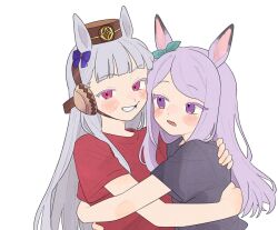  2girls animal_ears aqua_ribbon black_shirt blunt_bangs blush brown_hat cheek_press ear_covers ear_ribbon gold_ship_(umamusume) grin hat highres horse_ears horse_girl hug komori_kamome long_hair looking_at_another looking_at_viewer mejiro_mcqueen_(umamusume) multiple_girls pink_eyes purple_hair purple_ribbon red_shirt ribbon shirt simple_background smile umamusume violet_eyes white_background white_hair 