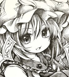  1girl :d commentary greyscale hair_between_eyes hanabi_(karintou15) hat highres looking_at_viewer mob_cap monochrome ofuda open_mouth portrait short_hair smile solo touhou traditional_media untranslatable_commentary yakumo_ran 