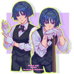  2boys :t adjusting_clothes adjusting_gloves alternate_costume black_cross_tie black_hair black_pants black_vest blue_hair blunt_ends border clone closed_mouth collared_shirt commentary_request contemporary cropped_legs cross_tie eyeliner formal_clothes genshin_impact gloves green_outline grey_pupils hands_up highres holding leaning_forward looking_at_viewer makeup multicolored_hair multiple_boys nonoji_(nonoji_ekaki) outline pants parted_lips pocket purple_background red_eyeliner scaramouche_(genshin_impact) shirt smirk streaked_hair suit_pants three-quarter_sleeves tsurime twitter_username undershirt vest violet_eyes watermark white_border white_gloves white_mouth white_shirt white_sleeves wing_collar wispy_bangs wolf_cut 