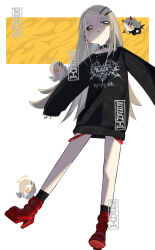  1girl 4girls artist_name belt black_choker black_socks black_sweater blonde_hair boots brown_eyes chibi chinese_commentary choker commentary_request demon_horns full_body gakuen_idolmaster hair_ornament hairclip halo high_heel_boots high_heels highres horns idolmaster long_hair long_sleeves looking_to_the_side mini_person minigirl multiple_girls o-ring o-ring_choker open_mouth print_sweater shinosawa_hiro sleeves_past_wrists socks sodanya solo standing standing_on_one_leg sweater 