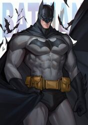  1boy abs bat_(animal) bat_mask batman batman_(series) batman_symbol belt black_cape black_gloves bodysuit cape dc_comics gloves grey_bodysuit highres maerel_hibadita muscular muscular_male superhero_costume utility_belt 