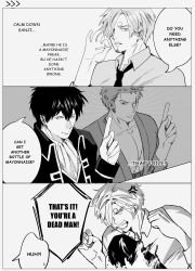 3boys absurdres cigarette curly_eyebrows denjz diable_jambe english_text facial_hair fire gintama goatee hair_over_one_eye highres hijikata_toushirou holding holding_cigarette male_focus monochrome multiple_boys mustache_stubble one_piece roronoa_zoro sanji_(one_piece) scar scar_on_chest scar_on_face stitched_torso stitches stubble 