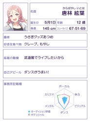  1girl :d anime_coloring braid character_age character_name character_profile collarbone dot_nose graph grey_jacket hair_ornament hair_tie hairclip hand_up height hexagon jacket karabayashi_itoha long_sleeves looking_at_viewer low_twin_braids mole mole_under_eye official_art open_clothes open_jacket open_mouth parted_bangs pink_eyes pink_hair portrait rabbit_hair_ornament radar_chart second-party_source shine_post short_braid short_hair smile solo teeth three_sizes translation_request twin_braids upper_teeth_only v 