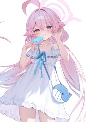  1girl absurdres adjusting_hair ahoge animal_bag bag blue_archive blue_eyes blue_ribbon blush chest_ribbon commentary_request cowboy_shot dress food halo handbag hands_up heterochromia highres holding holding_food holding_popsicle hoshino_(blue_archive) huge_ahoge long_hair looking_at_viewer pink_hair pink_halo popsicle ribbon short_dress shuvi_(shuvi1125) smile smug solo sundress thighs very_long_hair yellow_eyes 