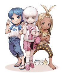  1girl 3boys :3 alternate_costume antenna_hair ascot bag bangs_pinned_back barefoot blonde_hair blue_eyes blue_hair blue_pants brown_eyes brown_pants capri_pants character_print chiikawa chiikawa_(character) child closed_mouth crossed_arms dark-skinned_female dark_skin denim flip-flops freckles full_body green_eyes hachiware_(chiikawa) hair_bobbles hair_ornament handbag highres holding_hands holding_strap humanization jeans leggings legs_apart looking_at_viewer multiple_boys multiple_girls neckerchief pants pants_rolled_up pink_ascot pink_bag pink_neckerchief pink_sailor_collar pink_shorts polka_dot polka_dot_shirt raglan_sleeves sailor_collar sandals shirt shoes short_hair short_sleeves shorts shoulder_bag siblings simple_background smile socks standing starter_pokemon_trio striped_clothes striped_shirt t-shirt tied_shirt toes topknot usagi_(chiikawa) v white_background white_hair white_shirt whiteanteaterbb 