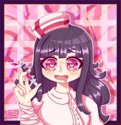  1girl amyaniii artist_name bandaged_arm bandages blush border bright_pupils commentary danganronpa_(series) danganronpa_3_(anime) dark_persona dated drooling drop_shadow english_commentary eyelashes fingernails hat heart heart-shaped_pupils highres holding holding_syringe long_hair mouth_drool nurse official_alternate_costume open_mouth outline pink_eyes pink_hat purple_border purple_hair smile solo symbol-shaped_pupils syringe tsumiki_mikan white_outline white_pupils 