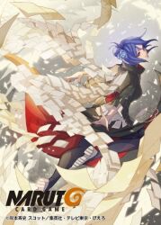  1girl akatsuki_uniform black_coat black_pantyhose blue_hair breasts coat commentary_request copyright_logo copyright_name copyright_notice flower full_body hair_bun hair_flower hair_ornament jewelry konan_(naruto) logo long_sleeves looking_at_viewer medium_breasts nanahara_shie naruto_(series) naruto_card_game naruto_shippuuden official_art orange_eyes pantyhose paper ring shoes short_hair single_hair_bun solo white_shoes 