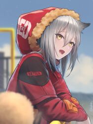  1girl :d against_railing arknights blue_sky blurry blurry_background character_name clothes_writing commentary day english_commentary fang fur-trimmed_hood fur_trim grey_hair highres hood hood_up hooded_jacket jacket looking_up okukin_07 open_mouth outdoors projekt_red_(arknights) railing raised_inner_eyebrows red_jacket short_hair sky smile solo yellow_eyes 