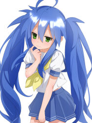  1girl :3 ahoge big_hair blue_hair blue_skirt commentary cowboy_shot finger_to_own_chin green_eyes gsa082rnw hair_between_eyes highres huge_ahoge izumi_konata long_hair looking_at_viewer lucky_star midriff_peek mole mole_under_eye neckerchief pleated_skirt school_uniform serafuku skirt smile solo thighs twintails very_long_hair white_background white_serafuku yellow_neckerchief 