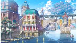  2others arch artist_name boat bridge clock clock_tower clouds commentary_request day falling_petals lamppost multiple_others odaartworks original outdoors petals pink_petals plant_roots reflection reflective_liquid river scenery stairs tower tree watercraft 
