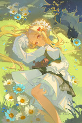  1girl absurdres black_cat blonde_hair bloomers blue_eyes blue_flower bow breasts cat character_request copyright_request day dress feet_out_of_frame flower frilled_sleeves frills grass hair_bow hair_spread_out highres layered_dress long_hair looking_at_viewer on_ground orange_bow outdoors parted_bangs parted_lips red_bow shadow sleeves_past_fingers sleeves_past_wrists small_breasts solo stuffed_animal stuffed_toy teddy_bear very_long_hair white_bloomers white_dress white_flower wu_sha_xiu_lian_zhong 