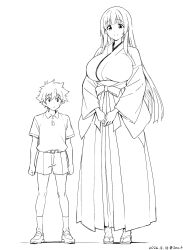  1boy 1girl breasts closed_mouth dated eyebrows_hidden_by_hair full_body greyscale hakama highres japanese_clothes kimono large_breasts long_hair looking_at_viewer miko monochrome original sandals seo_tatsuya shirt shoes short_hair shorts simple_background size_difference smile socks very_long_hair white_background zouri 