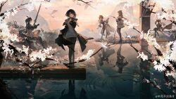  5girls absurdres angelina_(arknights) animal_ears ardelia_(arknights) arknights arknights:_endfield bansibuhuo_yu_pian bare_shoulders bird_ears bird_girl black_boots black_coat black_dress black_hair black_pantyhose black_shoes black_shorts black_skirt black_thighhighs blonde_hair blue_jacket boots brown_eyes chen_qianyu_(arknights) chinese_commentary coat commentary_request detached_sleeves dragon_girl dragon_horns dragon_tail dress endministrator_(arknights) eyjafjalla_(arknights) female_endministrator_(arknights) fingerless_gloves fox_ears fox_girl from_side gilberta_(arknights) gloves highres holding holding_sword holding_weapon horns incredibly_absurdres jacket long_hair looking_at_viewer looking_to_the_side looking_up multiple_girls open_clothes open_coat pantyhose perlica_(arknights) pond profile purple_shirt red_eyes red_gloves red_jacket shirt shoes short_dress short_hair short_shorts shorts side_ponytail single_drill sitting skirt sweater sword tail thigh-highs thigh_boots twintails weapon white_jacket white_shoes white_sleeves white_sweater zettai_ryouiki 