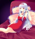  bare_shoulders bed breasts cleavage cresc-dol dress idolmaster long_hair pillow reclining red_dress red_eyes shijou_takane silver_hair 