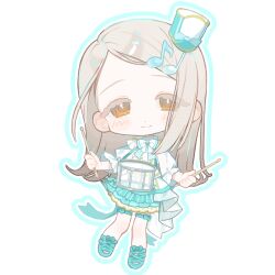  1girl ben-day_dots blue_bow blue_bowtie blue_gem blue_hat blue_outline blue_ribbon blue_shoes blue_skirt blush bow bowtie brooch brown_hair chibi chibi_only closed_mouth commentary_request dot_nose drum drumsticks eighth_note eyes_visible_through_hair full_body gakuen_idolmaster gem hair_ornament hat hat_bow highres holding holding_drumsticks idolmaster instrument jewelry layered_skirt long_hair looking_at_viewer mini_hat mini_shako_cap multicolored_skirt musical_note musical_note_hair_ornament orange_eyes outline parted_hair quarter_note ribbon screentones shako_cap shinosawa_hiro shirt shoes simple_background skirt smile solo standing standing_on_one_leg thigh_bow thigh_strap three-quarter_sleeves tilted_headwear white_background white_bow white_bowtie white_shirt white_skirt yuusuke_(yyy_xp) 