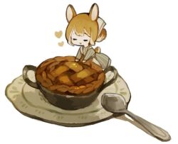  1girl animal_ears apron brown_hair chibi closed_mouth dessert dress food food_focus hair_bun headscarf heart long_sleeves mini_person minigirl open_mouth original pie plate rabbit_ears rabbit_girl rabbit_tail sakutake_(ue3sayu) single_hair_bun smile spoon striped_clothes striped_dress tail vertical-striped_clothes vertical-striped_dress white_apron white_background white_headscarf 