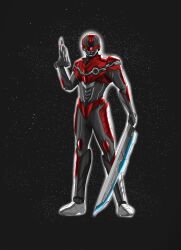  1boy absurdres armor armored_bodysuit black_bodysuit bodysuit character_mask chou_uchuu_keiji_gavan_infinity combat_helmet commentary ddop_(gfga7577) dual_wielding full_armor gavan_infinity gavarion_blade gavarion_trigger gun helmet highres holding holding_gun holding_sword holding_weapon male_focus mask multiple_weapons red_armor red_bodysuit red_helmet science_fiction silver_armor solo sword tokusatsu two-tone_armor weapon 