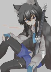  1girl absurdres animal_ear_fluff animal_ears arknights black_cape black_hair black_pantyhose black_vest blue_eyes blue_gloves cape collared_shirt commentary_request fingerless_gloves gloves hair_between_eyes hand_on_own_knee highres long_hair long_sleeves looking_at_viewer pantyhose purple_shorts shirt shorts sitting smoke smoking solo sword texas_(arknights) texas_the_omertosa_(arknights) torn_clothes torn_pantyhose vest weapon white_shirt wolf_ears wolf_girl yaho_ssbu_(yahosan_art) yellow_eyes 