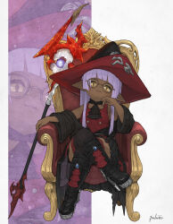  1girl absurdres ascot belt black_hat chair commentary commission commissioner_upload cosplay crossed_legs dark-skinned_female dark_skin final_fantasy final_fantasy_xiv glasses hat high_heels highres lalafell looking_at_viewer mage_staff magic necktie puluie purple_hair sitting skeb_commission skirt staff thigh-highs untranslatable_commentary warrior_of_light_(ff14) wide_sleeves yellow_eyes 