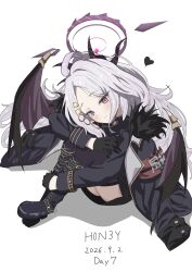 1girl absurdres ahoge artist_name black_coat black_gloves black_halo black_horns blue_archive blush boots breasts clone_(user_atad4545) coat coat_on_head coat_on_shoulders commentary_request dated demon_girl demon_horns demon_wings from_above fur-trimmed_coat fur_trim gloves hair_ornament hairclip halo head_on_arm heart heart-shaped_pupils highres hina_(blue_archive) horns hugging_own_legs long_hair looking_at_viewer low_wings military_uniform multiple_drawing_challenge multiple_horns parallel_hairclips parted_bangs partial_commentary pencil purple_halo purple_thighhighs purple_wings simple_background sitting small_breasts smile solo symbol-shaped_pupils tally thigh-highs thighs very_long_hair violet_eyes wariza white_background white_hair wings