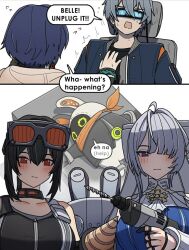 1boy animal_ears belle_(zenless_zone_zero) dorahdew drill eous_(zenless_zone_zero) grace_howard long_hair multiple_girls power_drill velina_airgid wise_(zenless_zone_zero) zenless_zone_zero