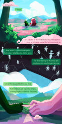  2girls bush clouds colored_skin commentary english_commentary fat from_behind gem_(steven_universe) green_skin hand_focus highres homeworld_gem_uniform landscape leaf multiple_girls original peridot_facet_6c4t_cut_2xj pink_skin rose_quartz_facet_5_cut_5xl sitting sky steven_universe thefaeriemerchant tree yuri 