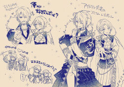  1boy 1girl :d ;d aiguillette ascot bow bowtie collared_shirt commentary_request greyscale hair_ornament hairclip hand_on_own_hip heart_arms heart_arms_duo idol jack_jeanne layered_sleeves long_sleeves miicuro_o mole mole_under_mouth monochrome multiple_views one_eye_closed open_collar open_mouth pants parallel_hairclips puffy_short_sleeves puffy_sleeves shirt short_hair short_over_long_sleeves short_sleeves smile sparkle speech_bubble tachibana_kisa takashina_sarafumi thought_bubble translation_request 