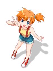  1girl 7hoshi_(7star8hrk) bare_arms bare_legs blue_eyes blue_shorts collarbone from_above high_side_ponytail highres legs looking_at_viewer looking_up midriff_peek misty_(pokemon) navel open_mouth orange_hair pokemon pokemon_(anime) pokemon_(classic_anime) red_shoes shoes short_hair shorts side_ponytail smile sneakers solo standing suspenders tank_top v yellow_tank_top 