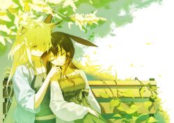  2girls absurdres amiya_(arknights) animal_ear_fluff animal_ears arknights bench brown_hair cardigan cat_ears cat_girl closed_eyes closed_mouth collared_shirt commentary daonharam dappled_sunlight day dress eyes_visible_through_hair green_dress green_eyes grey_shirt hair_between_eyes hair_over_eyes halter_dress halterneck hand_on_another's_chin highres jewelry kal'tsit_(arknights) leaf leaning_on_person long_hair multiple_girls off_shoulder on_bench open_clothes open_shirt parted_lips pendant plant shirt sitting sleeping sleeves_rolled_up smile sunlight white_cardigan white_hair white_shirt 