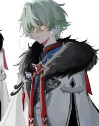  1boy ahoge aiguillette alyosha_(genshin_impact) black_shirt blue_jacket cameo chinese_commentary coat commentary_request crystal earmuffs empty_eyes fatui_coat freckles fur-trimmed_coat fur_trim gem genshin_impact green_hair hair_between_eyes honkai_(series) jacket lapels long_sleeves looking_at_viewer male_focus qi_nian7n red_gem shirt short_hair simple_background solo sunday_(honkai:_star_rail) teeth turtleneck turtleneck_shirt white_background white_coat yellow_eyes 