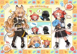  >_< +_+ ... 1other 2girls :3 ahoge animal_ears apple arknights beagle_(arknights) belt black_boots black_coat black_jacket black_shirt black_shoes black_shorts black_skirt blue_gloves bone boots border ceobe_(arknights) chasing chinese_commentary clenched_hands coat commentary_request doctor_(arknights) dog_ears dog_girl dog_tail drop_shadow food frisbee frisbee_in_mouth fruit glasses gloves hands_up happy heart highres holding infection_monitor_(arknights) jacket long_hair long_sleeves mask material_growth multiple_belts multiple_girls musical_note open_mouth orange_background orange_hair orange_sweater oripathy_lesion_(arknights) outline qiancaofu rhodes_island_logo_(arknights) shirt shoes short_hair shorts simple_background skirt smile sparkle spoken_ellipsis spoken_heart spoken_musical_note surprised sweater tail tail_wagging thigh_boots turtleneck turtleneck_sweater two_side_up watermark 