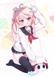  1girl absurdres ahoge black_sailor_collar black_thighhighs blue_archive cardigan commentary_request drink_carton full_body halo highres holding holding_drink_carton holding_milk_carton logo_print long_hair long_sleeves milk_carton miniskirt natsu_(blue_archive) neckerchief open_mouth pink_hair pink_halo pleated_skirt red_eyes red_neckerchief sailor_collar school_uniform shirt side_ponytail skirt smile solo sorakumo thigh-highs trinity_general_school_logo white_background white_cardigan white_shirt 