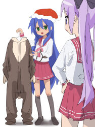  2girls :3 animal_costume black_shoes black_socks blue_hair blush bow commentary double_horizontal_stripe double_vertical_stripe green_eyes gsa082rnw hat highres hiiragi_kagami izumi_konata kneehighs long_hair looking_at_another lucky_star mole mole_under_eye multiple_girls neckerchief open_mouth pink_neckerchief pleated_skirt purple_hair red_sailor_collar reindeer_costume ryouou_school_uniform sailor_collar santa_costume santa_hat school_uniform serafuku shoes skirt smile socks takara_miyuki tsurime twintails very_long_hair violet_eyes white_background 