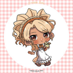  1girl apron artist_request blonde_hair blush border bow bowtie braid braided_base brown_eyes brown_shoes chibi chibi_only closed_mouth copyright_notice crepe dark-skinned_female dark_skin dress english_text food food_court_de_mata_ashita frilled_apron frills fruit full_body gingham_border gingham_clothes gingham_dress hairband holding holding_crepe holding_food logo long_dress long_hair long_sleeves looking_at_viewer maid_apron official_art orange_bow orange_bowtie orange_dress orange_hairband parted_bangs second-party_source shoes smile solo star_(symbol) tan two-tone_dress white_apron white_background white_border white_dress yamamoto_(food_court) 