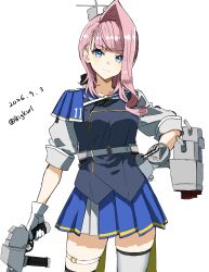  1girl absurdres adapted_turret belt bigkwl black_neckerchief blue_eyes blue_sailor_collar blue_skirt capelet closed_mouth commentary dated_commentary gloves hand_on_own_hip highres holding kantai_collection long_hair looking_at_viewer neckerchief one-hour_drawing_challenge pink_hair pleated_skirt rigging sailor_collar skirt solo thigh-highs thigh_strap visby_(kancolle) white_background white_belt white_gloves 