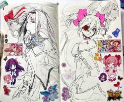 2girls akemi_homura akemi_homura_(black_dress) akemi_homura_(magical_girl) argyle_clothes arm_shield black_hair bubble_skirt chibi commentary gem hair_ribbon hairband highres kaname_madoka kaname_madoka_(magical_girl) long_hair magical_girl mahou_shoujo_madoka_magica mahou_shoujo_madoka_magica:_hangyaku_no_monogatari multiple_girls pink_eyes pink_gem pink_hair purple_eyes ribbon short_twintails skirt smile soul_gem_(madoka_magica) thighhighs twintails two-tone_capelet ultimate_madoka zun_(zunaki) 