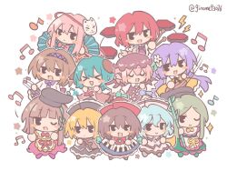  >_< 6+girls animal_ears apron bamboo_pole bird_ears bird_wings biwa_lute black_hat black_shirt black_skirt black_vest blonde_hair blue_hair blush_stickers bow bowtie brown_dress brown_hair brown_hat closed_mouth commentary crescent crescent_hat_ornament dog_ears dog_girl dog_tail dress drum drumsticks dual_wielding flower folding_fan fox_mask frilled_hat frills green_dress green_hair hair_between_eyes hair_flower hair_ornament hairband hand_fan hat hat_ornament hata_no_kokoro holding holding_drumsticks holding_plant horikawa_raiko instrument jacket kasodani_kyouko keyboard_(instrument) long_sleeves looking_at_viewer lunasa_prismriver lute_(instrument) lyrica_prismriver mask mask_on_head merlin_prismriver multiple_girls musical_note musical_staff myouga_(plant) mystia_lorelei nishida_satono one_eye_closed open_clothes open_jacket open_mouth pink_bow pink_bowtie pink_dress pink_hair pink_hat pink_skirt pink_vest plaid_clothes plaid_shirt plant playing_instrument purple_hair purple_hairband red_hair red_hat red_skirt red_vest shirt short_hair_with_long_locks silverrain simple_background singing skirt skirt_set smile star_(symbol) star_hat_ornament tail tate_eboshi teireida_mai touhou trumpet tsukumo_benben tsukumo_yatsuhashi twintails twitter_username vest violin waist_apron white_background white_jacket white_shirt winged_hat wings yellow_dress 