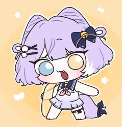  1girl :3 :d bare_arms bare_shoulders barefoot bell blue_bow blue_dress blue_eyes blue_sailor_collar blunt_bangs blush bow chibi chibi_only commentary_request cone_hair_bun double_bun double_horizontal_stripe dress fang fox_girl fox_tail full_body gradient_clothes gradient_dress hair_bell hair_bow hair_bun hair_ornament hairclip heterochromia highres innertube jingle_bell korean_commentary looking_at_viewer multicolored_hair oaeng055 open_mouth purple_hair sailor_collar sailor_dress short_hair simple_background sleeveless sleeveless_dress smile solo standing stellive streaked_hair swim_ring tail tail_bow tail_ornament tenko_shibuki virtual_youtuber white_streaks x_hair_ornament yellow_background yellow_eyes 