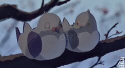 beak bird branch colored_sclera grey_feathers highres in_tree looking_at_another no_humans oekip one_eye_closed pidove pokemon pokemon_(creature) pokemon_focus sitting sitting_in_tree tree wings yellow_sclera 