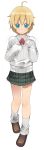 bad_id blonde_hair blue_eyes blush crossdressing heisa highres legs original otoko_no_ko plaid shota skirt solo tartan